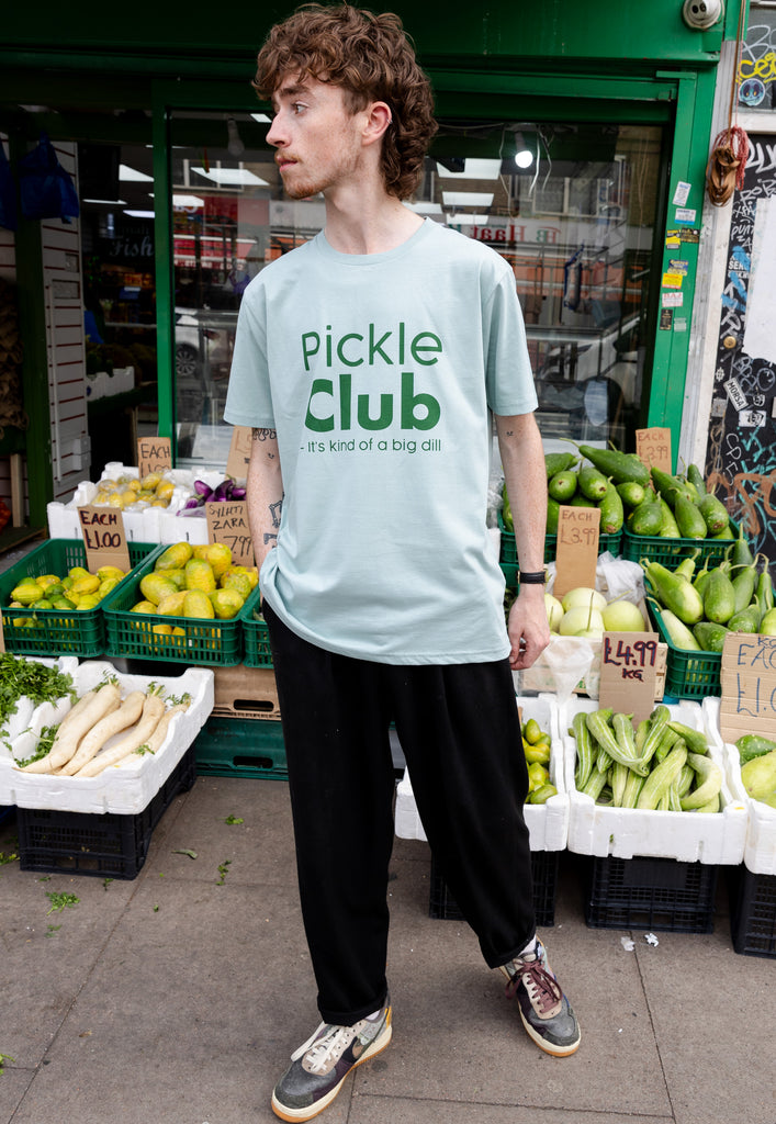 pickle food merch slogan tshirt in dusty green