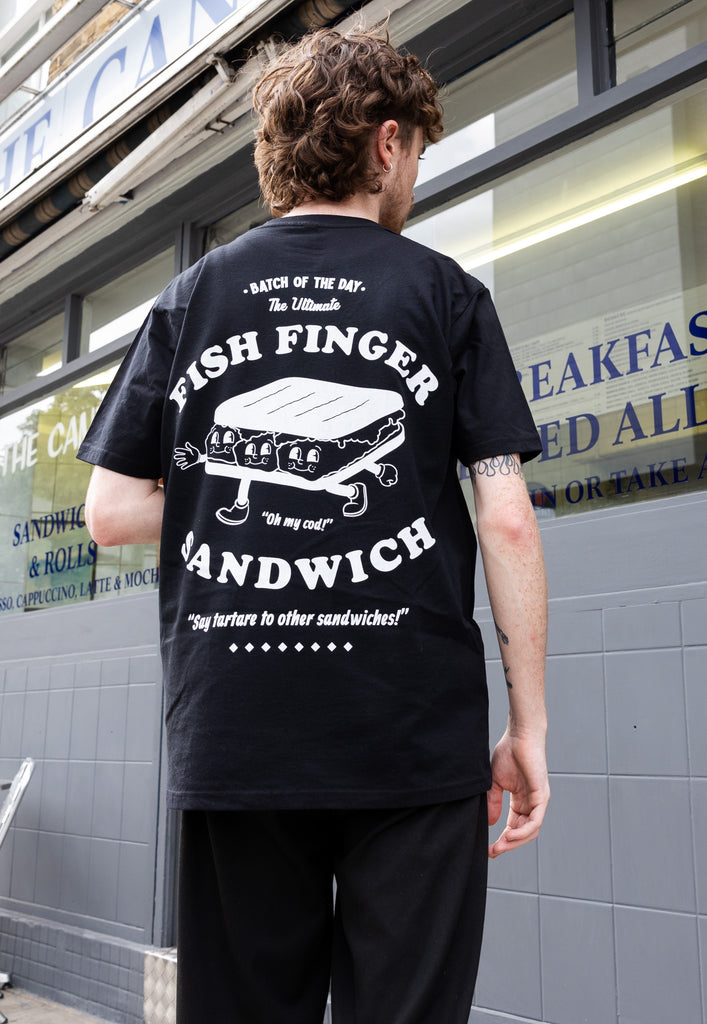 Large back vintage style food merch fish finger slogan tshirt