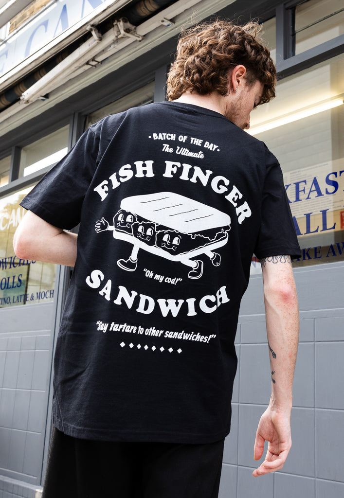 Large back vintage style fish finger sandwich character slogan tshirt