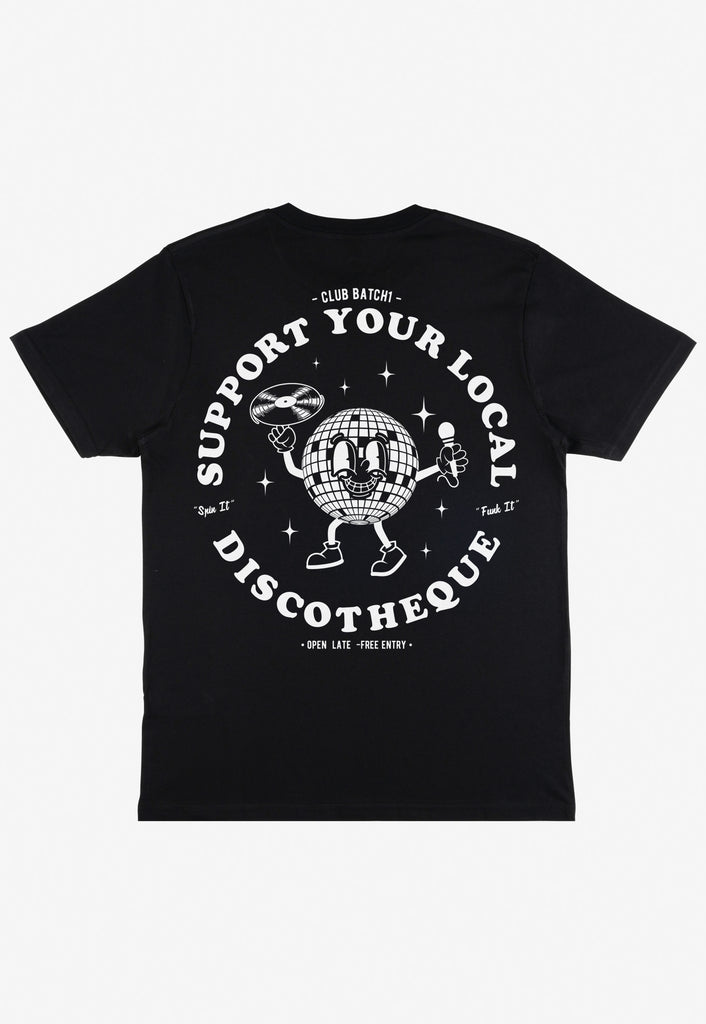 black unisex t shirt with large back print showing dancing disco ball guy and disco slogan in white print
