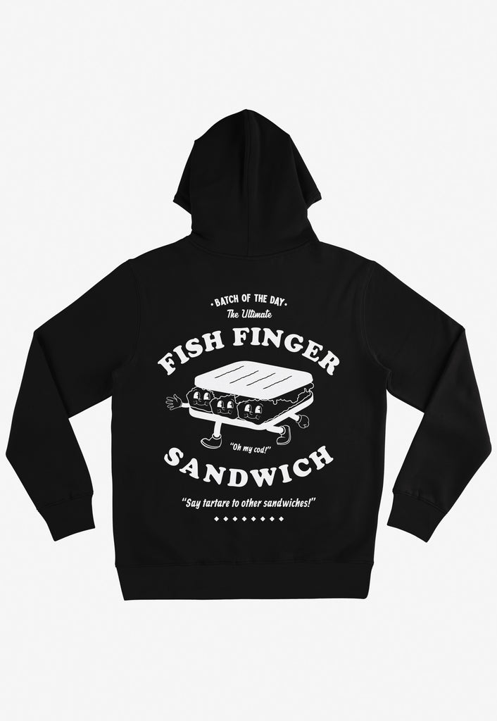 black hoodie with large back print graphic fish finger logo in white