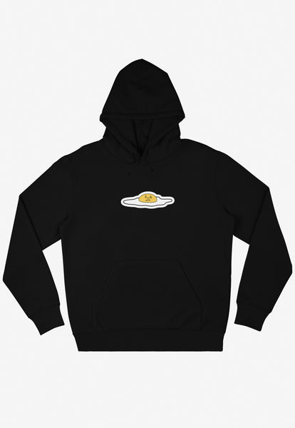 Black hooded sweatshirt with small fried egg character graphic printed front centre