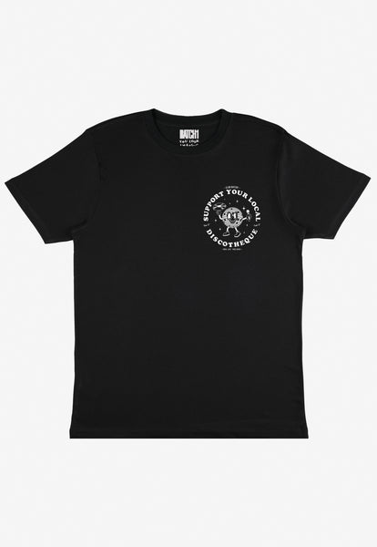 black unisex fit t shirt with small disco ball logo in white print on front of shirt