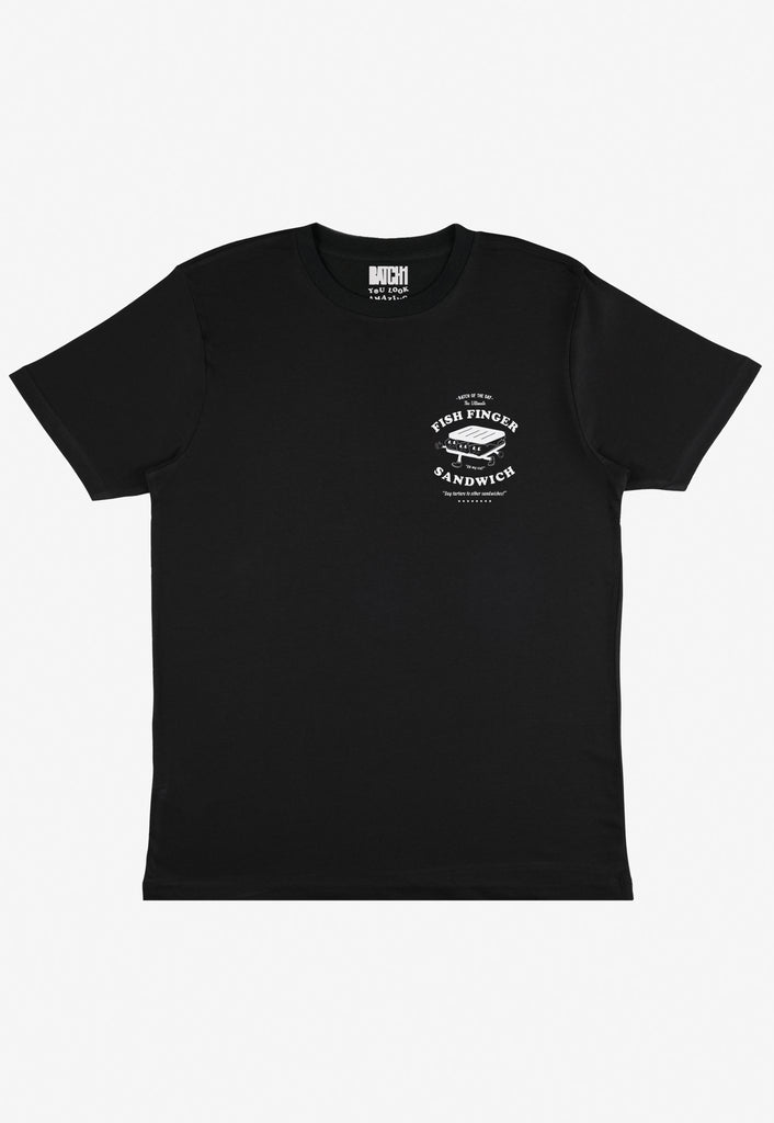 flatlay of fish finger sandwich small character logo tshirt in black