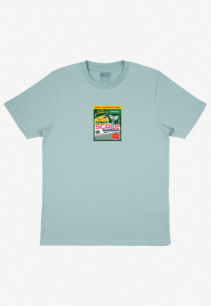 pastel green t shirt with retro washing powder graphic print front centre