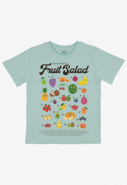 cute children's pink t-shirt with dusty green fruit characters for summer
