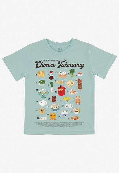 children's pastel green printed t-shirt with cute food characters in an illustrated guide to Chinese Takeaway