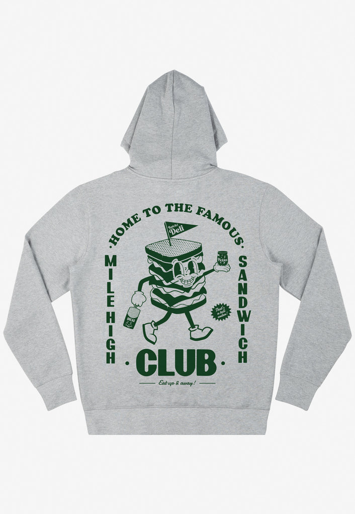 grey hoodie with large statement back print showing vintage style sandwich character and mile high sandwich club slogan print