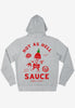 flatlay of grey hoodie with large graphic back print showing hot sauce logo and vintage style character