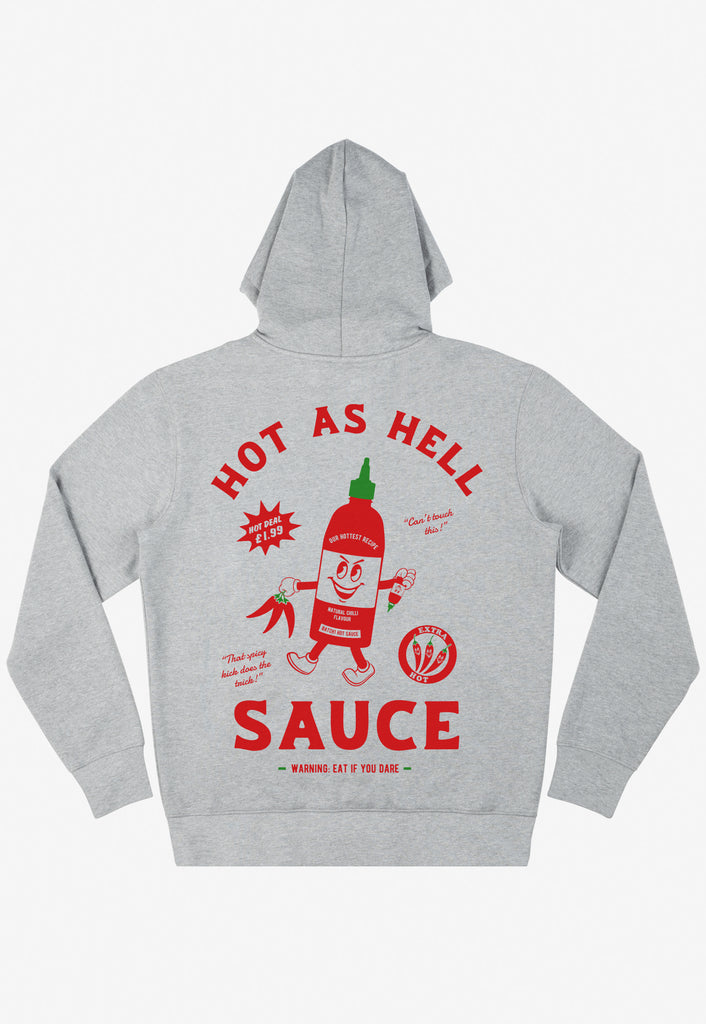 flatlay of grey hoodie with large graphic back print showing hot sauce logo and vintage style character