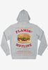 Grey food merch hoodie with statement back print showing giant photographic burger and Flaming Hotline, Dial for Burgers slogan