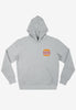 Grey hoodie with small Batch1 Burgers logo printed front left chest