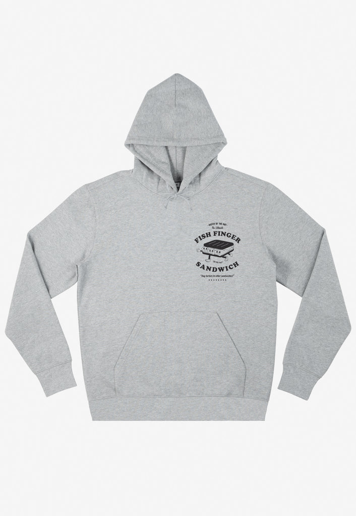Flatlay of small front fish finger sandwich logo hoodie in Grey