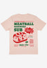 peach coloured t shirt with large back print with meatball sub sandwich poster print in red and green