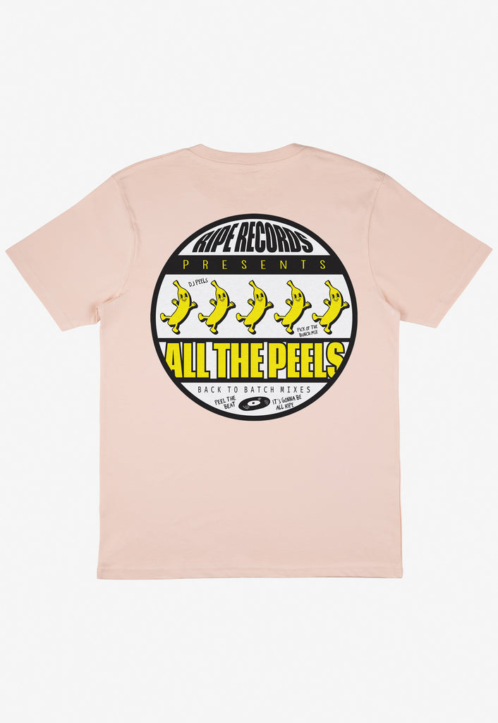 Pastel peach t-shirt with large back print Ripe Records logo showing dancing bananas and 90s style rave flyer graphics
