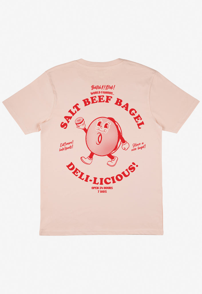 unisex peach t shirt with large back print featuring bagel character and fun deli slogan