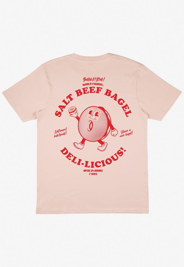 unisex peach t shirt with large back print featuring bagel character and fun deli slogan