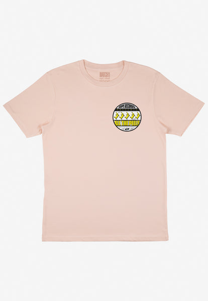 pastel peach t-shirt with small Ripe Records logo with dancing bananas