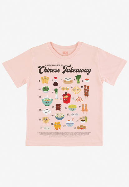 children's pastel peach printed t-shirt with cute food characters in an illustrated guide to Chinese Takeaway