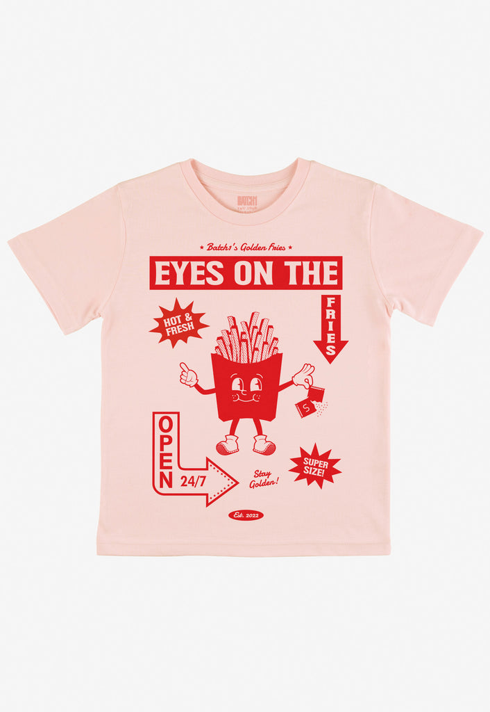  children's pastel peach coloured t shirt with french fries character graphic and fun slogan in red print