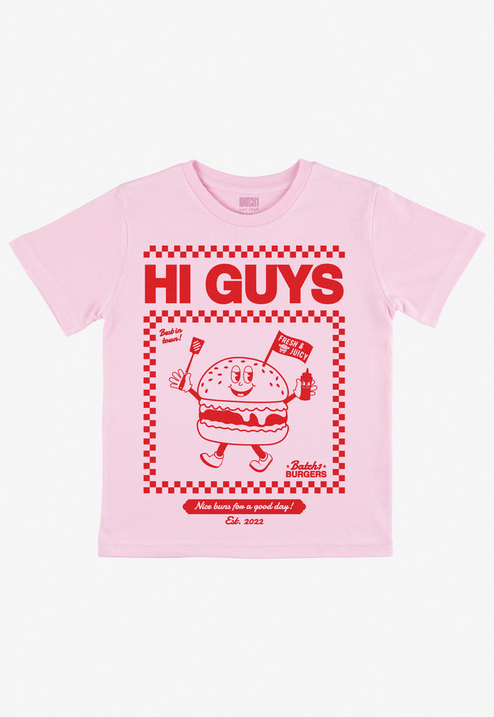 pink children's t-shirt with cute vintage style burger graphic 