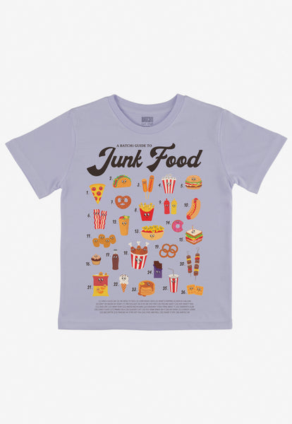 kids pastel purple t-shirt with guide to fast food and cute illustrated junk food characters