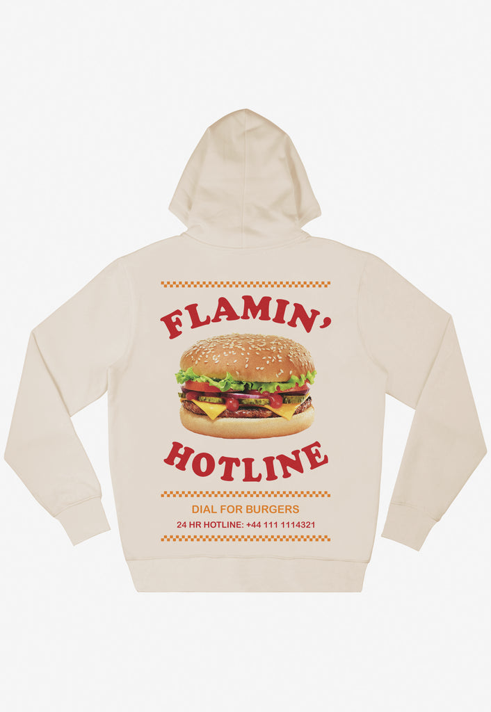Vanilla food merch hoodie with statement back print showing giant photographic burger and Flaming Hotline, Dial for Burgers slogan