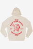 vanilla hoodie with large back print featuring bagel shop logo and vintage style mascot