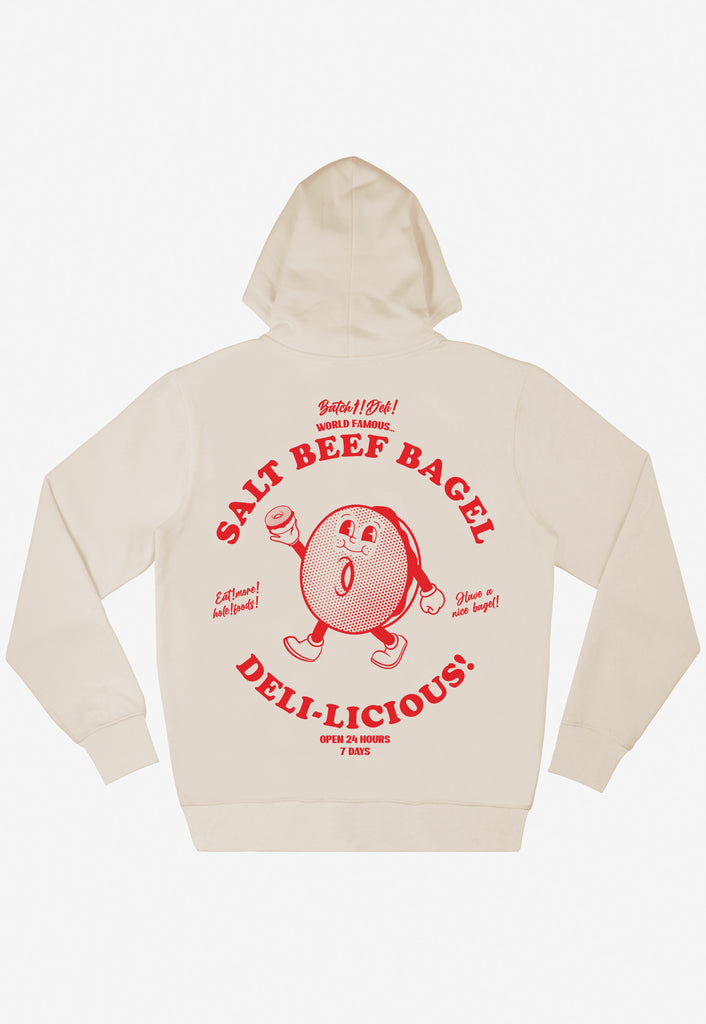 vanilla hoodie with large back print featuring bagel shop logo and vintage style mascot