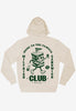 cream coloured hoodie with large statement back print of vintage style club sandwich logo and mile high sandwich slogan
