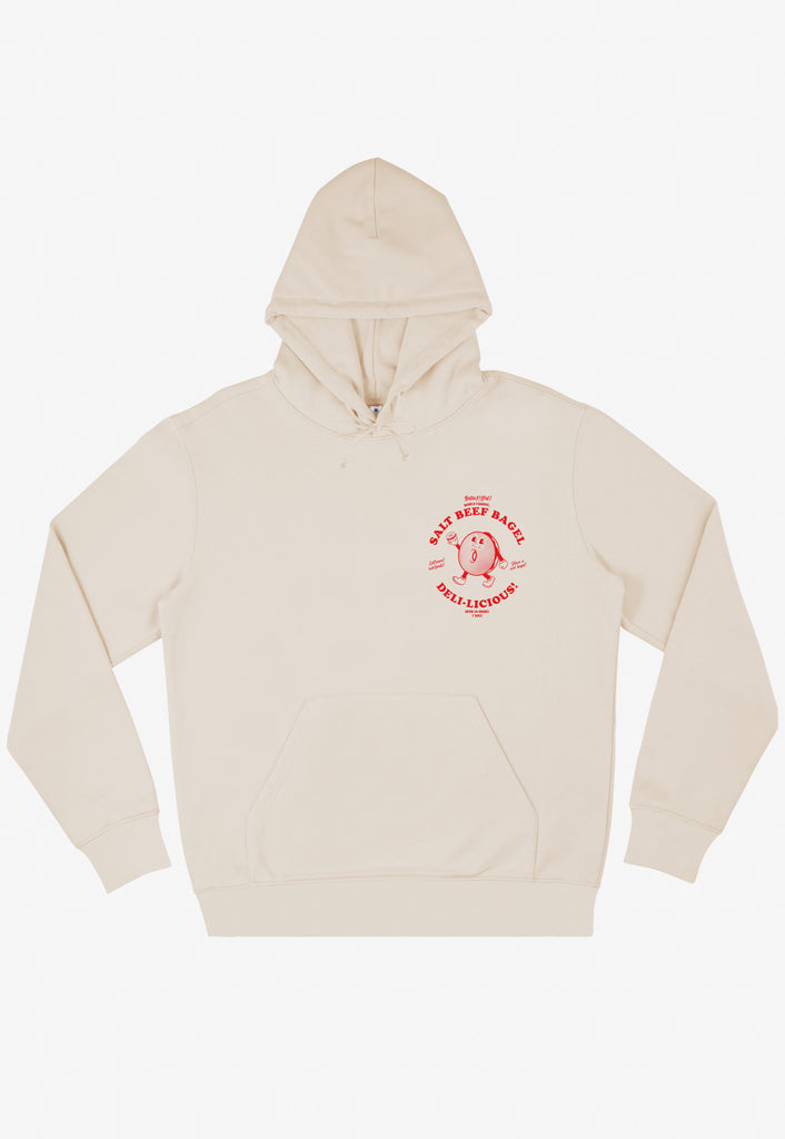 Vanilla unisex hoodie with small front salt beef bagel logo and bagel character in red print