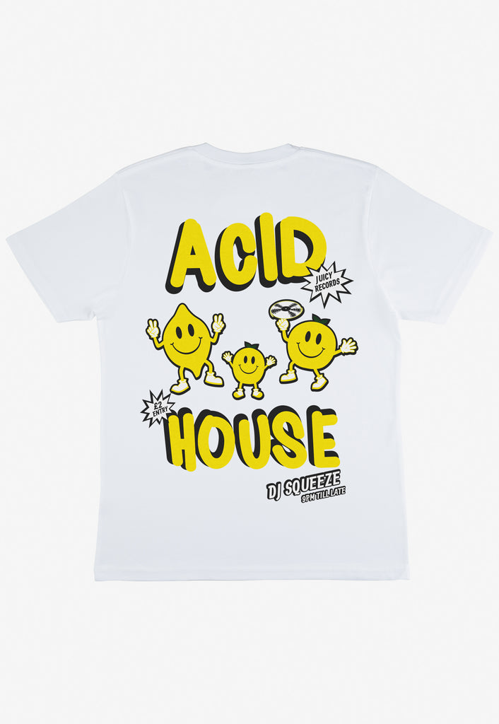 white festival t shirt with large back print showing old school rave style acid house print and dancing lemon characters 