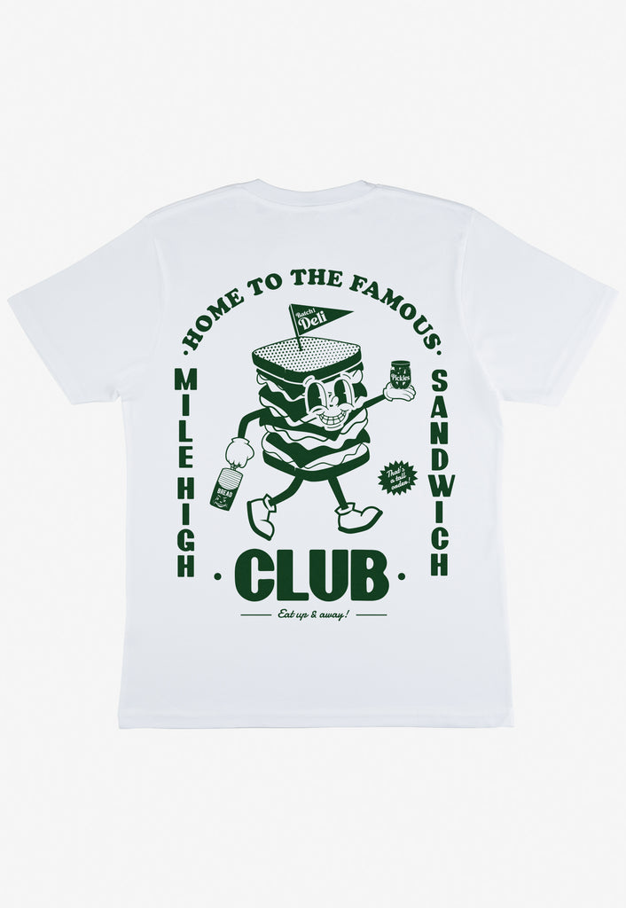 white t shirt with large back print showing vintage style sandwich character graphic and mile high sandwich club logo