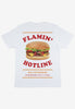  White printed food merch t shirt with statement back print showing giant photographic burger and Flaming Hotline, Dial for Burgers slogan