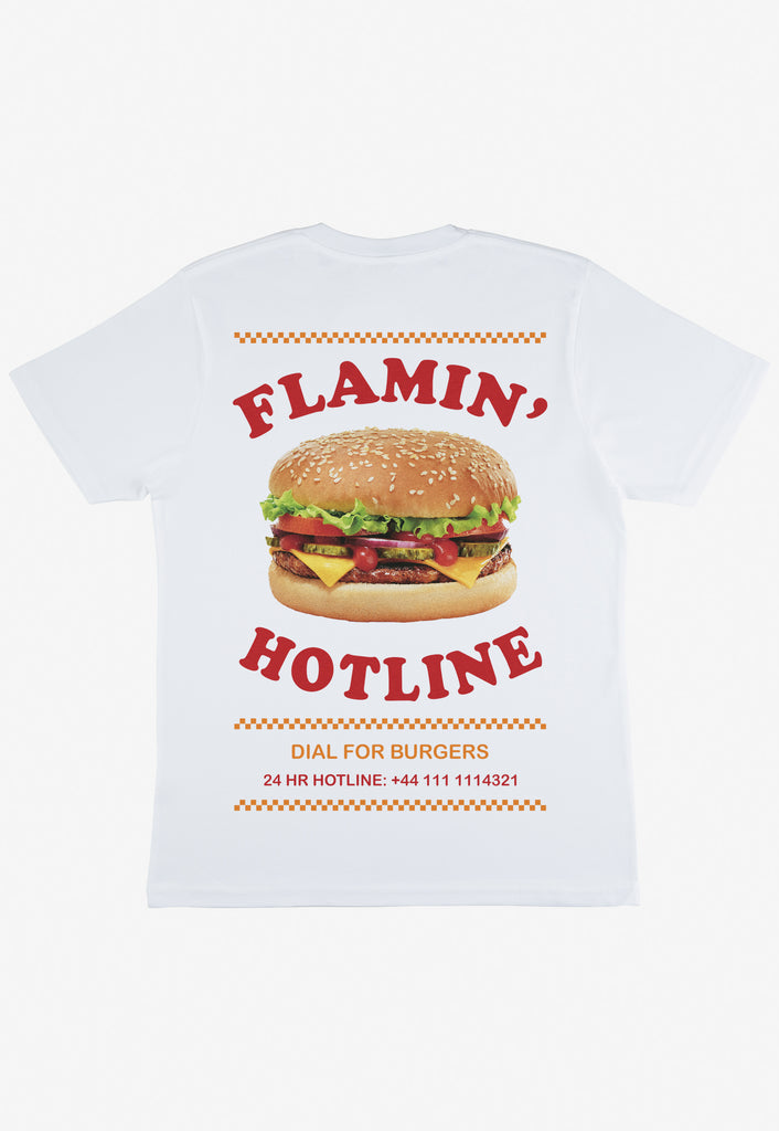  White printed food merch t shirt with statement back print showing giant photographic burger and Flaming Hotline, Dial for Burgers slogan