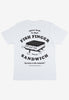 white t shirt with large statement back print graphic showing fish finger sandwich logo and vintage style mascot