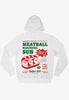 White hoodie with statement graphic back print of meatball sub food merch advert 