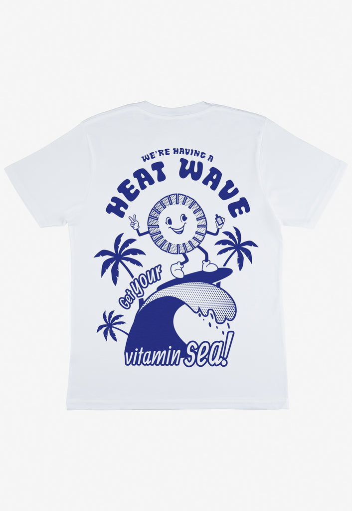 white t shirt with large back print showing surfing sun character and heat wave slogan