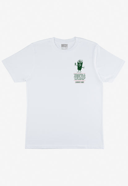 white t shirt with small Batch1 Deli logo with vintage style wrap character print