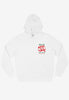 white hoodie with meatball sub food merch style logo print small left chest