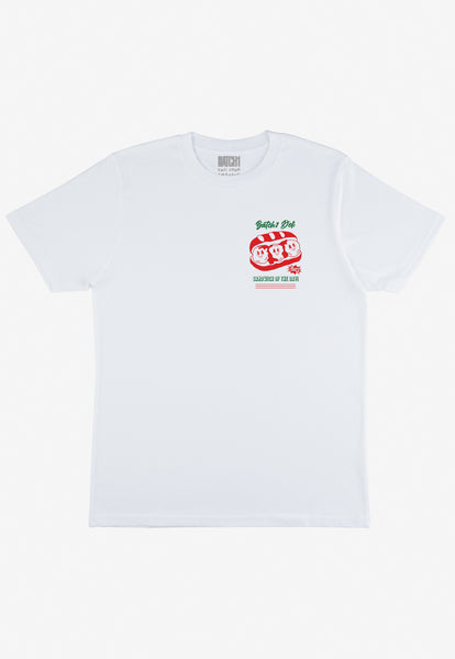 flatlay of small batch1 deli logo printed tshirt in white