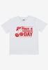 children's white summer t shirt with red printed cherry logo and positive slogan