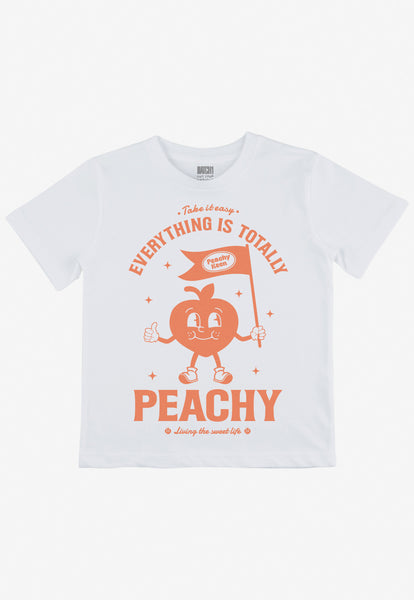 children's white printed t shirt with cute peach character graphic and positive slogan
