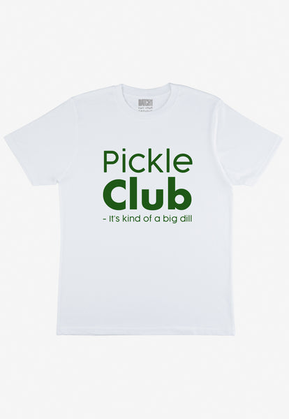 classic white cotton t shirt with funny printed pickle club big dill slogan in green print