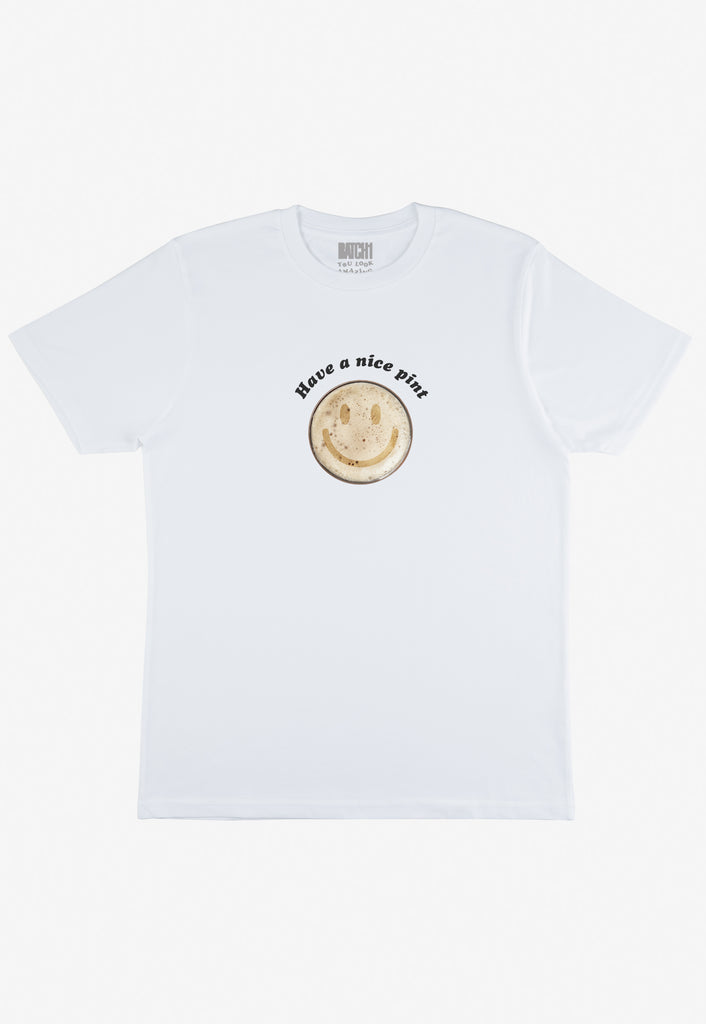 white printed t shirt with fun 'have a nice pint' slogan and smiley beer graphic