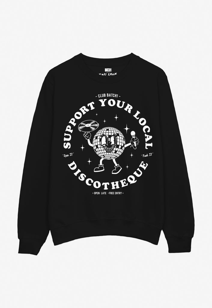 Black unisex sweatshirt with large dancing disco ball logo front print and slogan in white