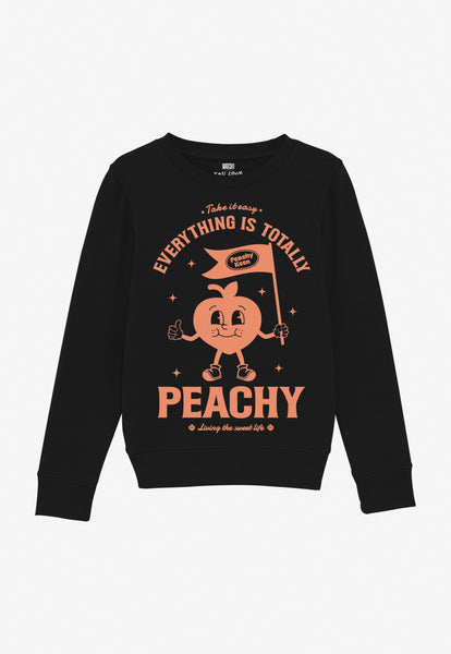 kids printed sweatshirt in black with cute peach character and positive slogan 