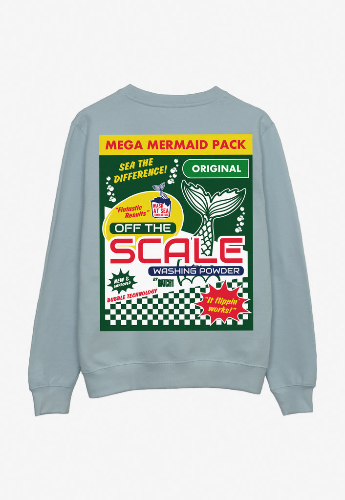 pastel green sweater with large bold back print graphic of retro mermaid themed washing powder box