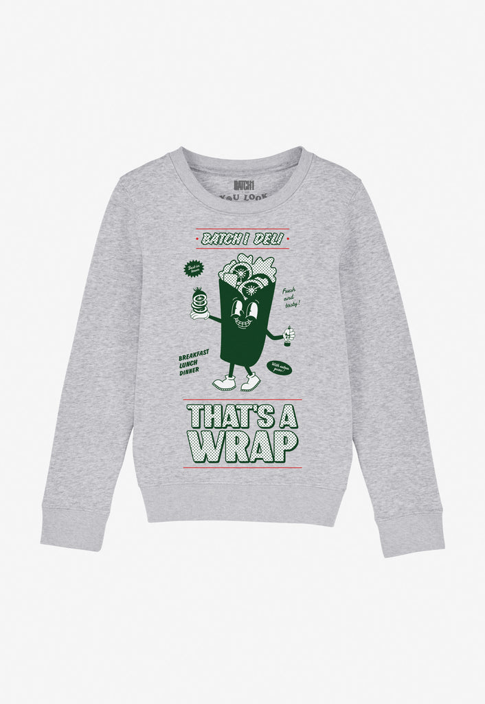 children's grey sweatshirt with green printed deli style wrap mascot and fun slogan