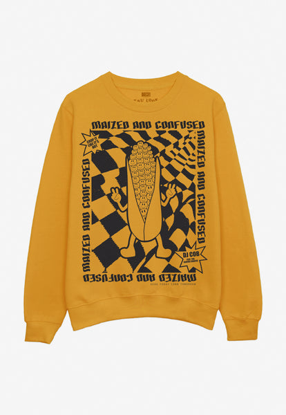 90s rave flyer design corn character printed sweatshirt in mustard